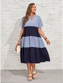 Plus Colorblock Notched Neckline Ruffle Hem Smock Dress