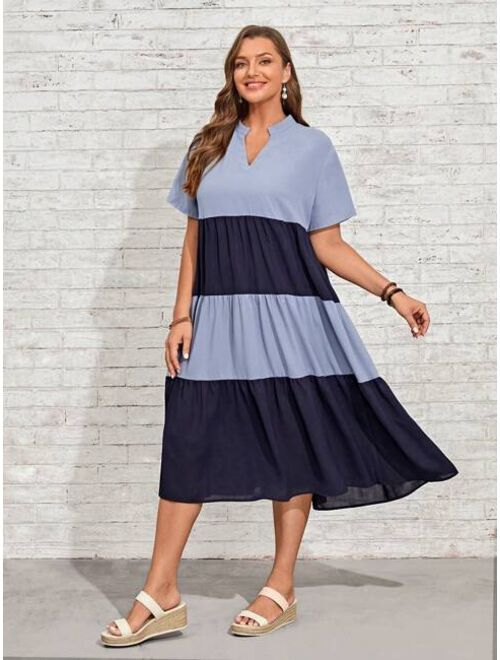 EMERY ROSE Plus Colorblock Notched Neckline Ruffle Hem Smock Dress