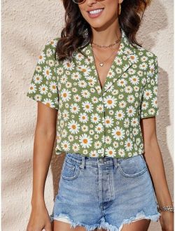 Daisy Floral Print Lapel Collar Shirt
