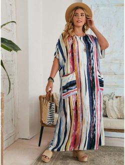 Plus Batwing Sleeve Pocket Patched Striped Dress