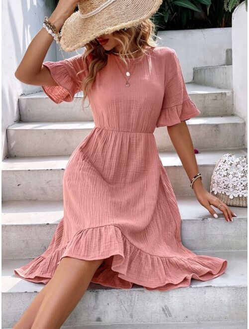 EMERY ROSE 1pc Solid Flounce Sleeve Ruffle Hem Dress