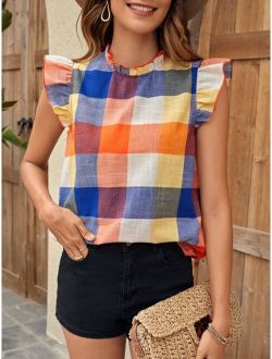 Plaid Print Ruffle Trim Mock Neck Blouse