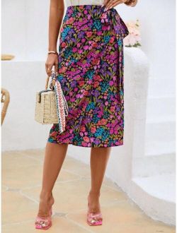 Allover Floral Print Knot Side Wrap Skirt