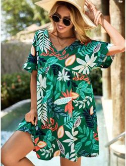 Tropical Print Flounce Sleeve Smock Dress