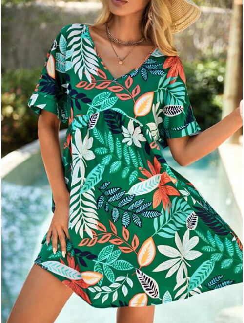 EMERY ROSE Tropical Print Flounce Sleeve Smock Dress