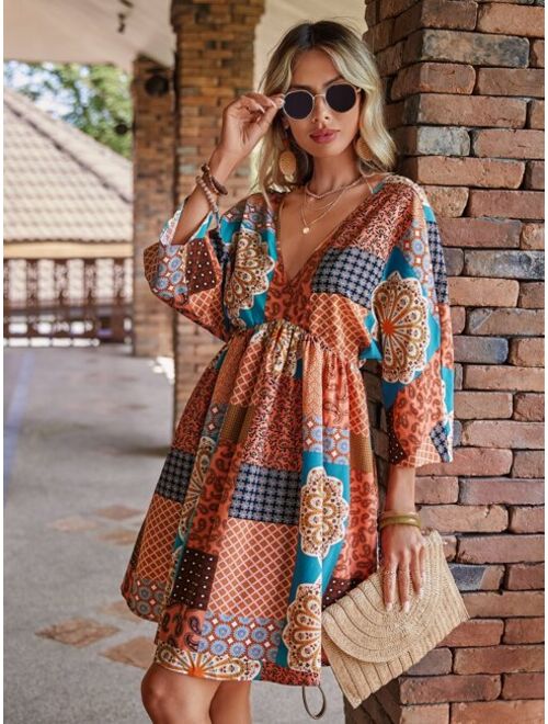EMERY ROSE Patchwork Print Batwing Sleeve Dress
