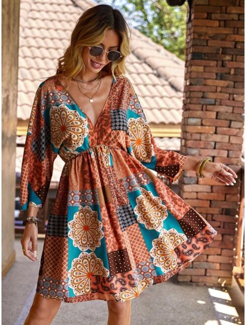 EMERY ROSE Patchwork Print Batwing Sleeve Dress