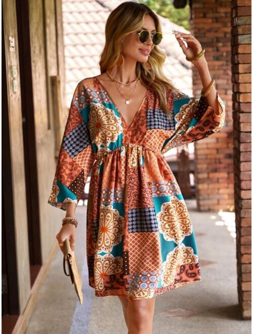 EMERY ROSE Patchwork Print Batwing Sleeve Dress