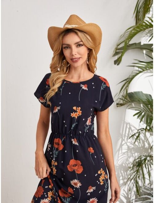 EMERY ROSE Batwing Sleeve Elastic Waist Floral Dress