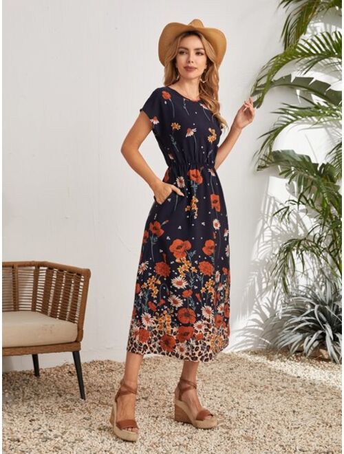 EMERY ROSE Batwing Sleeve Elastic Waist Floral Dress