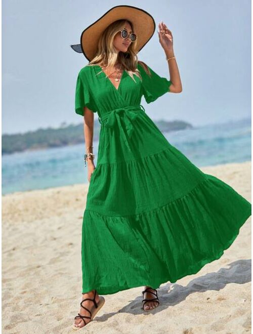 EMERY ROSE Solid Ruffle Hem Belted Dress