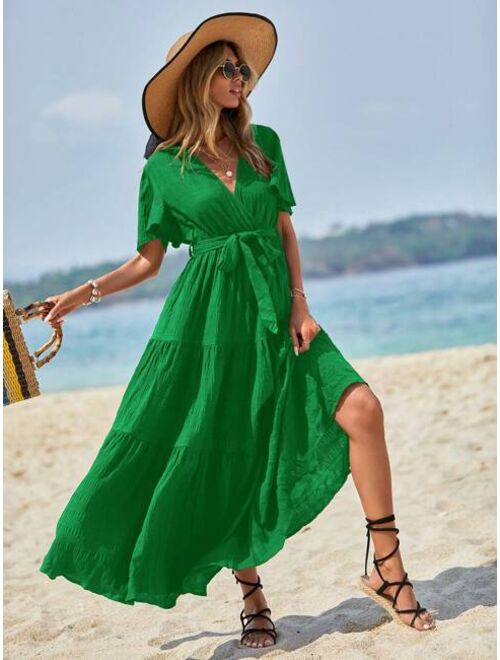 EMERY ROSE Solid Ruffle Hem Belted Dress