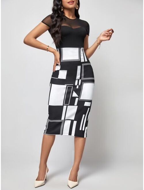 EMERY ROSE Geo Print Mesh Panel Bodycon Dress
