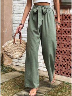 Solid Belted Wide Leg Pants