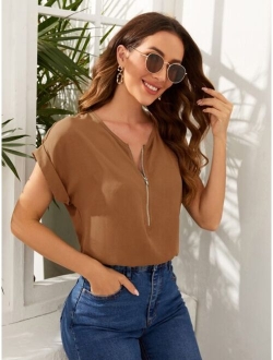 Rolled Cuff Zip Half Placket Blouse