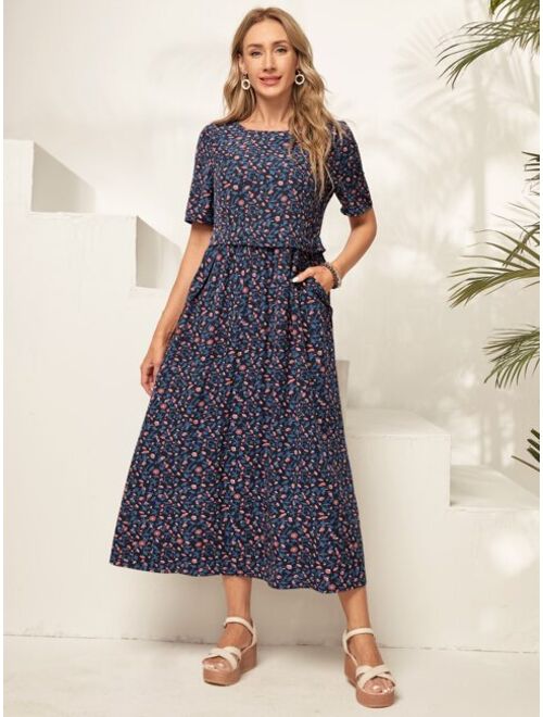 EMERY ROSE Ditsy Floral Print Slant Pocket Smock Dress