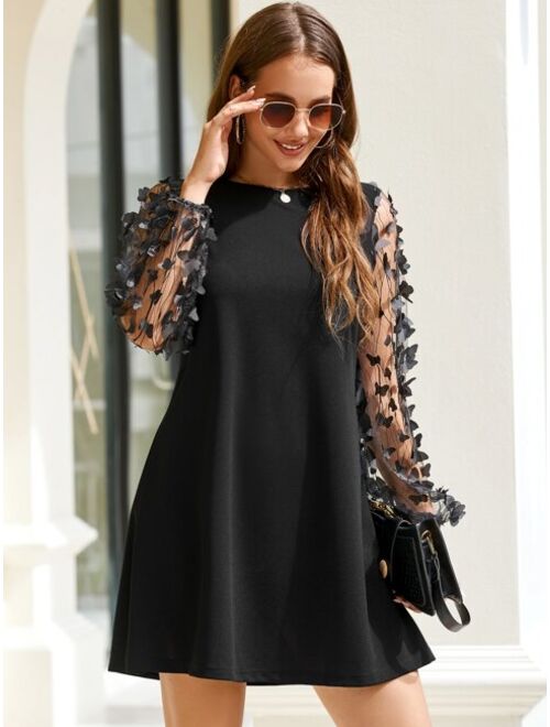EMERY ROSE 3D Appliques Sheer Mesh Lantern Sleeve Dress