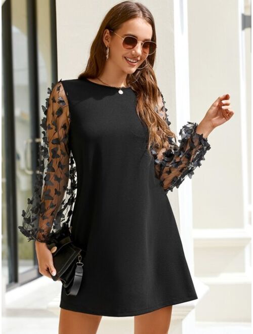 EMERY ROSE 3D Appliques Sheer Mesh Lantern Sleeve Dress