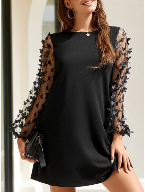 EMERY ROSE 3D Appliques Sheer Mesh Lantern Sleeve Dress