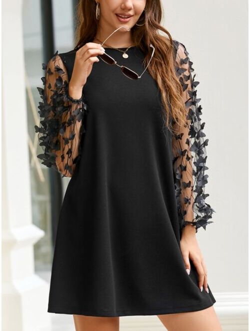 EMERY ROSE 3D Appliques Sheer Mesh Lantern Sleeve Dress