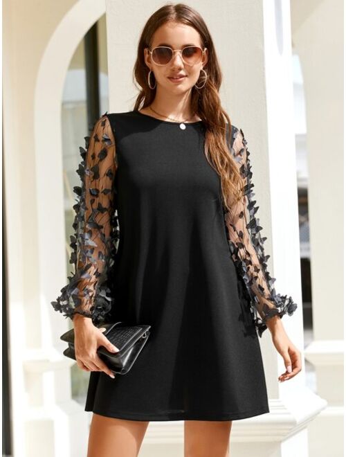EMERY ROSE 3D Appliques Sheer Mesh Lantern Sleeve Dress