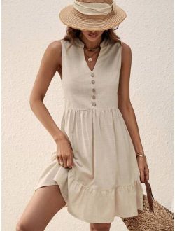 Solid Button Front Ruffle Hem Dress