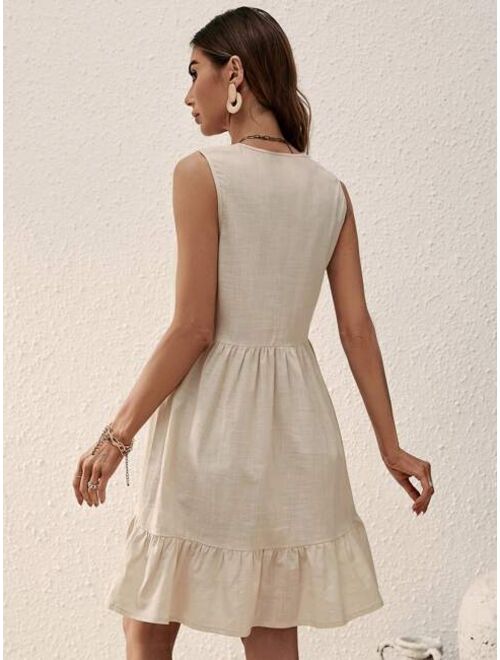 EMERY ROSE Solid Button Front Ruffle Hem Dress