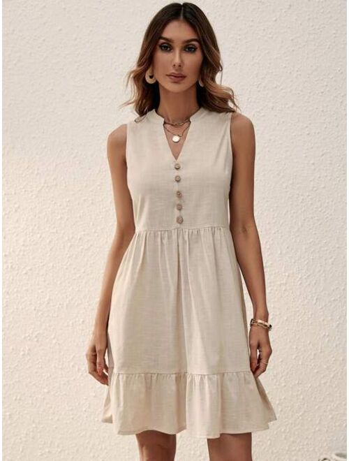 EMERY ROSE Solid Button Front Ruffle Hem Dress