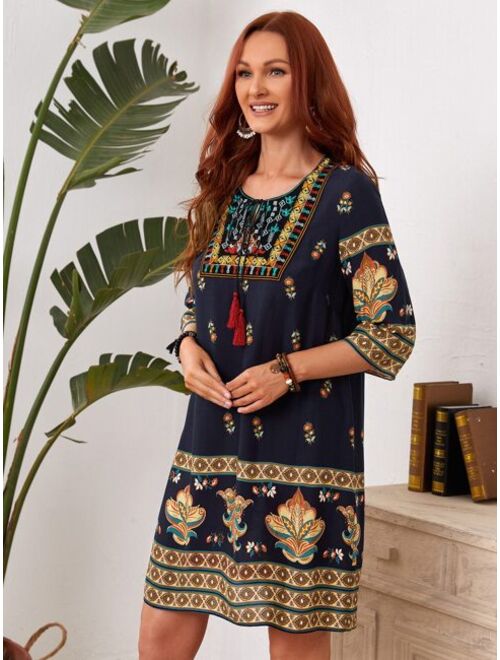 EMERY ROSE Floral Tassel Tie Neck Tunic Dress