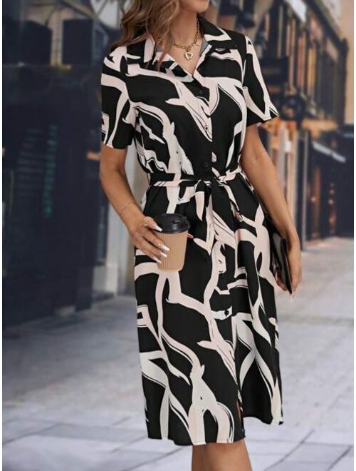 EMERY ROSE Allover Print Belted Shirt Dress