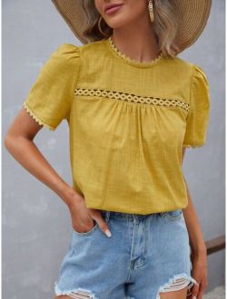 Guipure Lace Panel Puff Sleeve Blouse