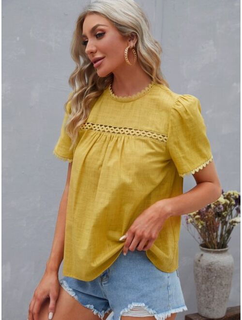 EMERY ROSE Guipure Lace Panel Puff Sleeve Blouse