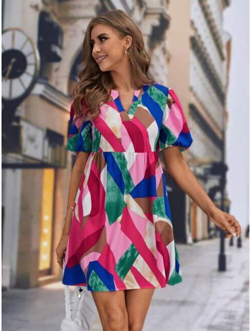 EMERY ROSE Patchwork Print Notched Neckline Puff Sleeve Dress
