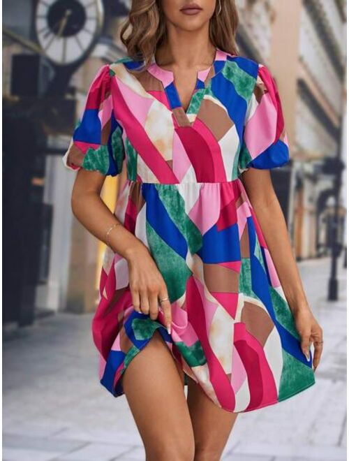 EMERY ROSE Patchwork Print Notched Neckline Puff Sleeve Dress