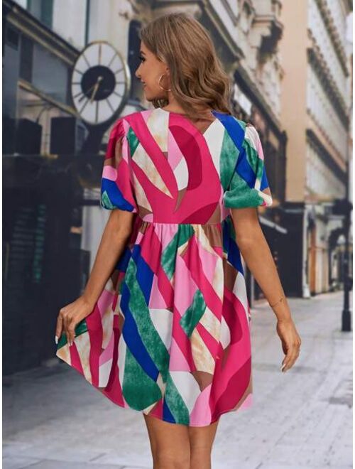 EMERY ROSE Patchwork Print Notched Neckline Puff Sleeve Dress