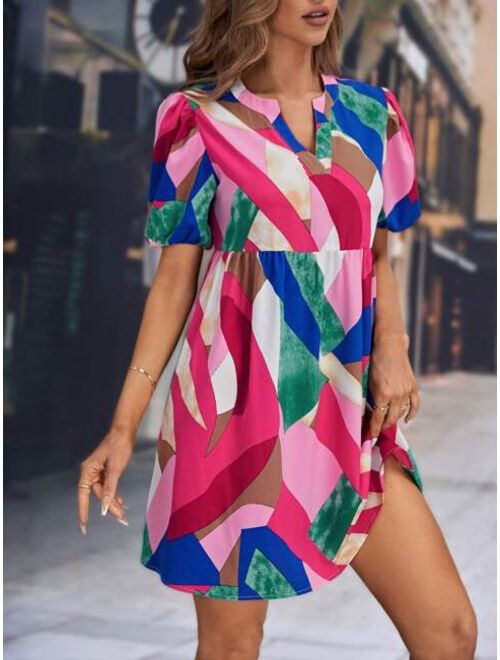 EMERY ROSE Patchwork Print Notched Neckline Puff Sleeve Dress
