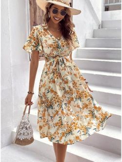 Allover Floral Print Butterfly Sleeve Belted Dress
