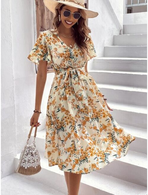 EMERY ROSE Allover Floral Print Butterfly Sleeve Belted Dress