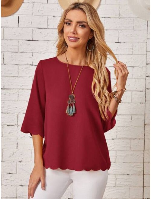 EMERY ROSE Solid Scallop Trim Blouse