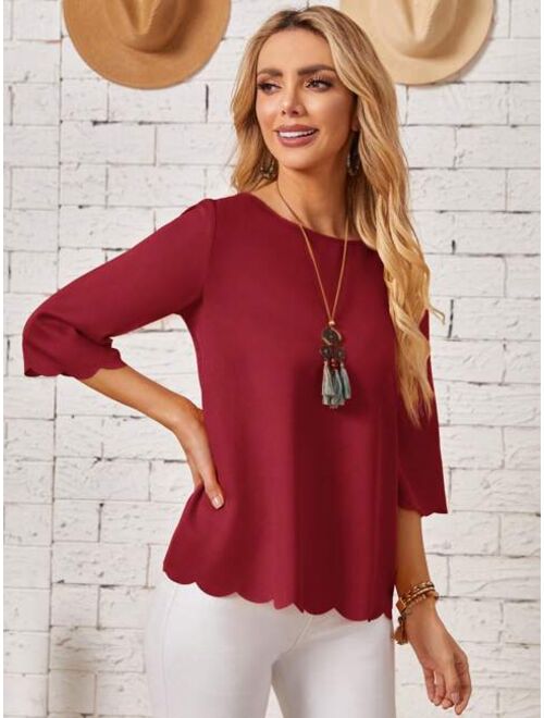 EMERY ROSE Solid Scallop Trim Blouse