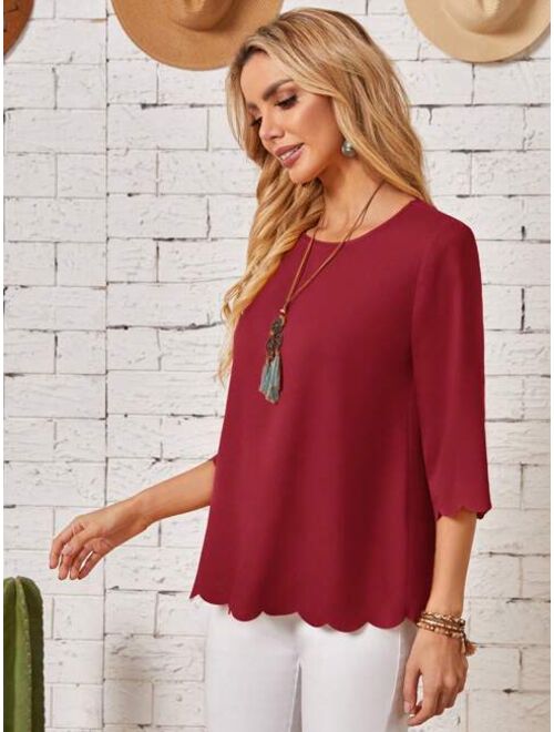 EMERY ROSE Solid Scallop Trim Blouse