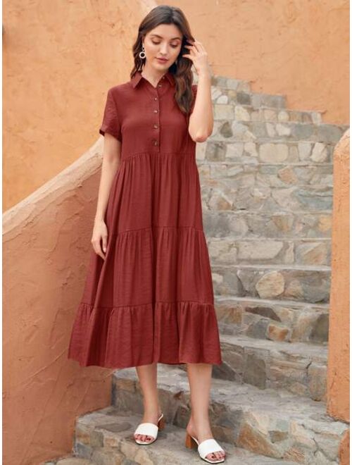 EMERY ROSE Solid Button Front Ruffle Hem Dress