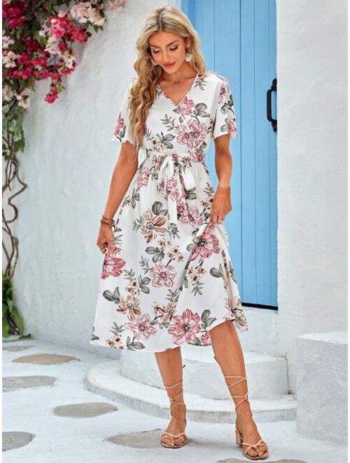 EMERY ROSE Floral Print Belted A-line Dress
