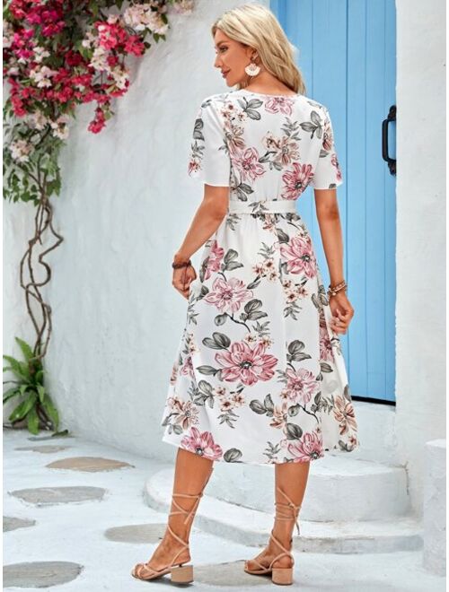 EMERY ROSE Floral Print Belted A-line Dress