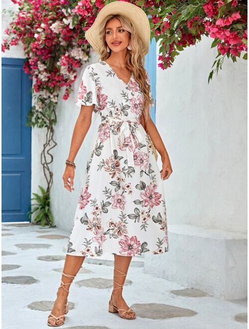 EMERY ROSE Floral Print Belted A-line Dress