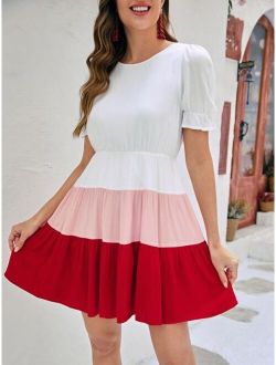 1pc Colorblock Puff Sleeve Ruffle Hem Dress