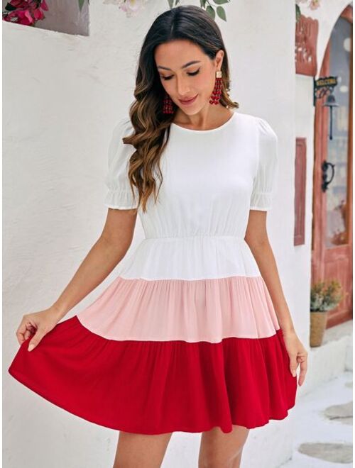 EMERY ROSE 1pc Colorblock Puff Sleeve Ruffle Hem Dress