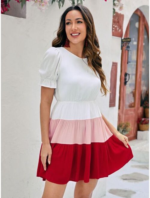 EMERY ROSE 1pc Colorblock Puff Sleeve Ruffle Hem Dress