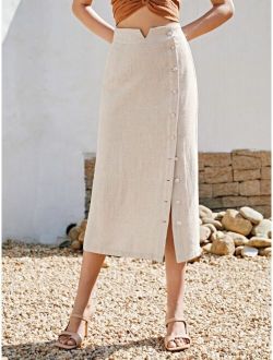 Solid Notched Trim Button Front Skirt