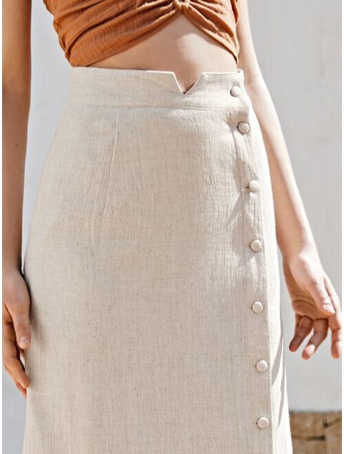 EMERY ROSE Solid Notched Trim Button Front Skirt